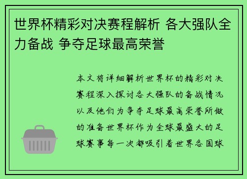 世界杯精彩对决赛程解析 各大强队全力备战 争夺足球最高荣誉